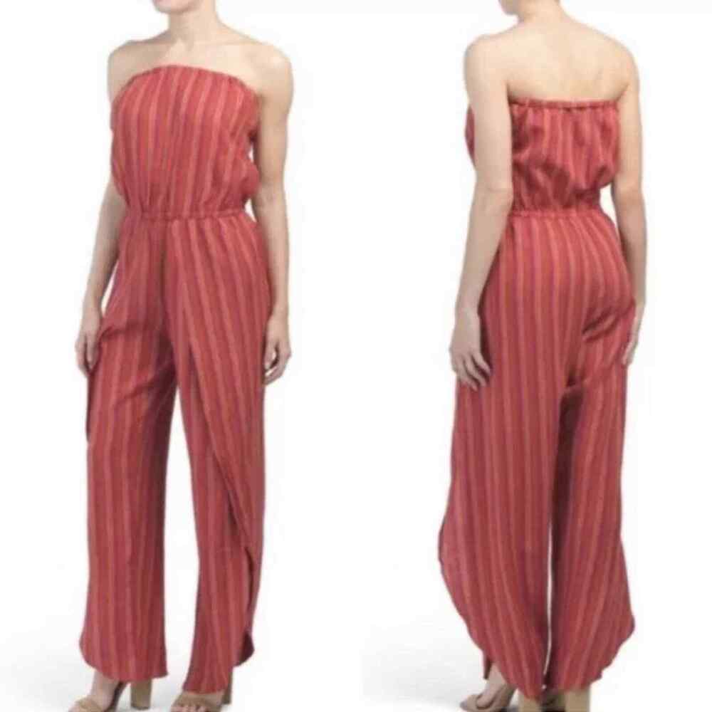 Anthropologie Drew Emerson Strapless Jumpsuit Striped Side Slits Linen Red XS